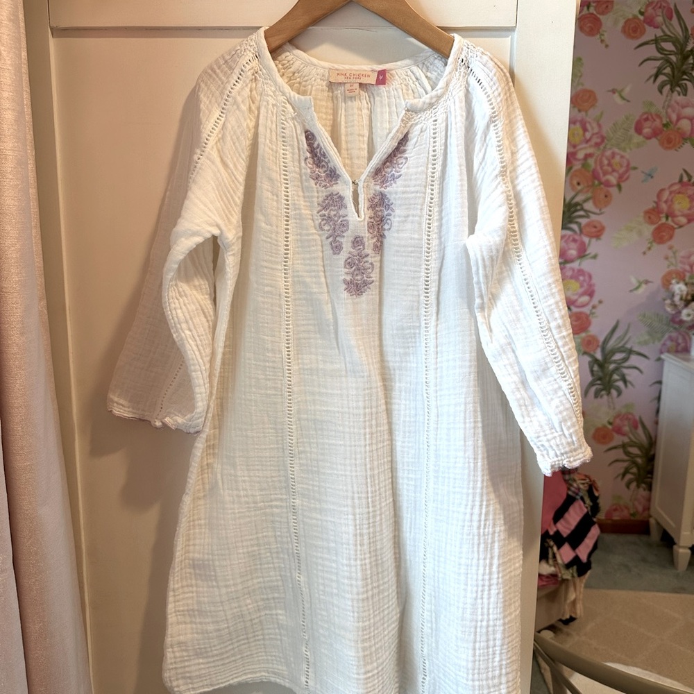 “Pink Chicken” size 8, off white, guaze, cover up